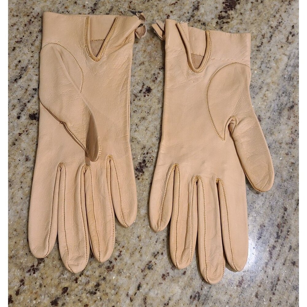 Vintage Size S Pumpkin Beige Soft Leather Formal 9" Gloves Wrist Weave Bow - Picture 6 of 15